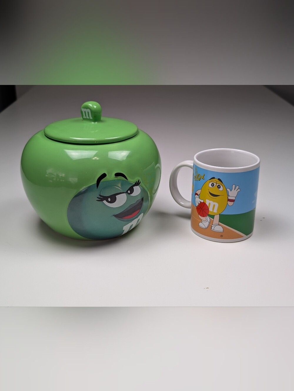 M&M Lot - Jar / Lid & Galerie Sports Mug 2002 2008 Ceramic Set Miss Green Yellow